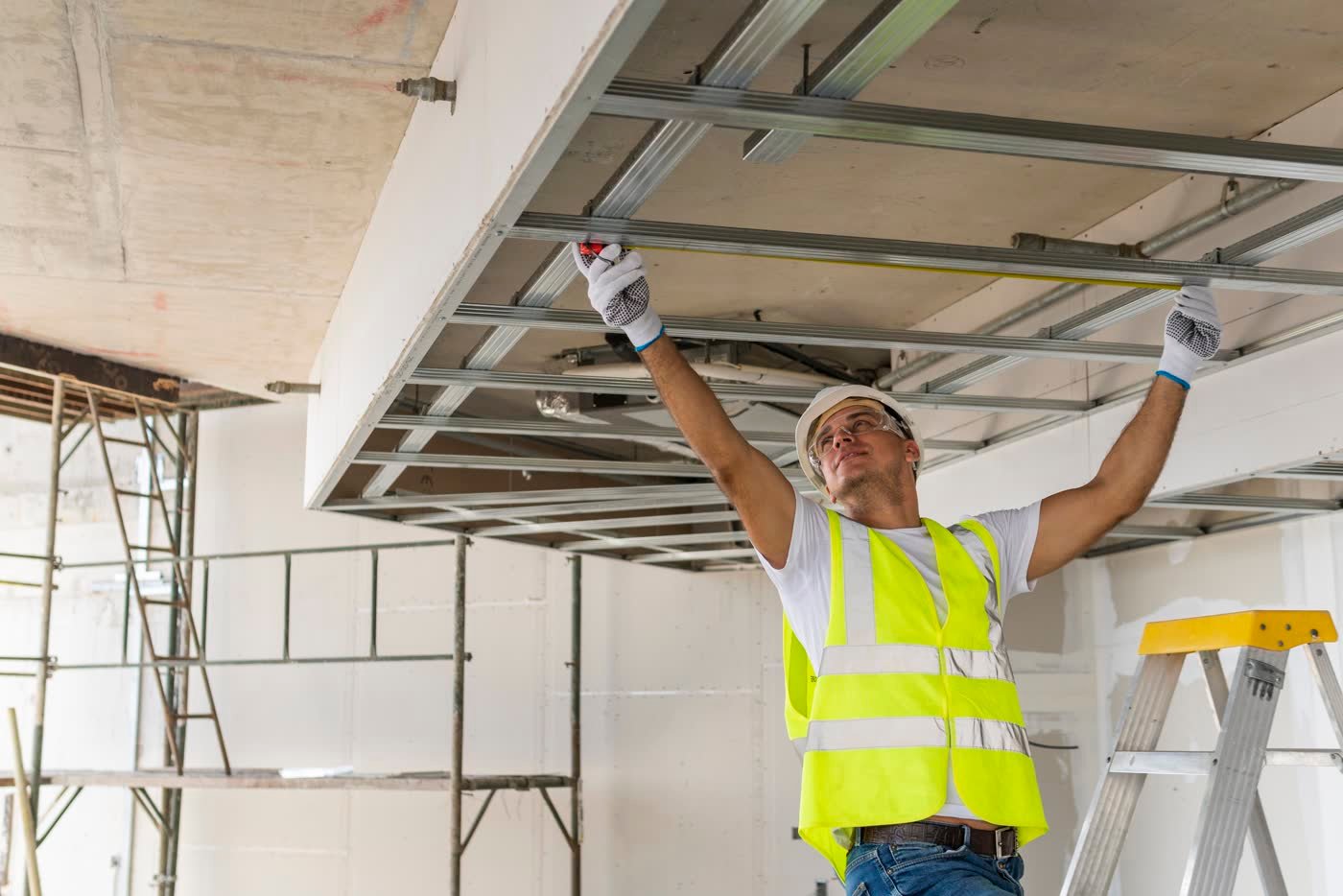 Monteur baut eine abgehängte Decke mit Metallständerwerk